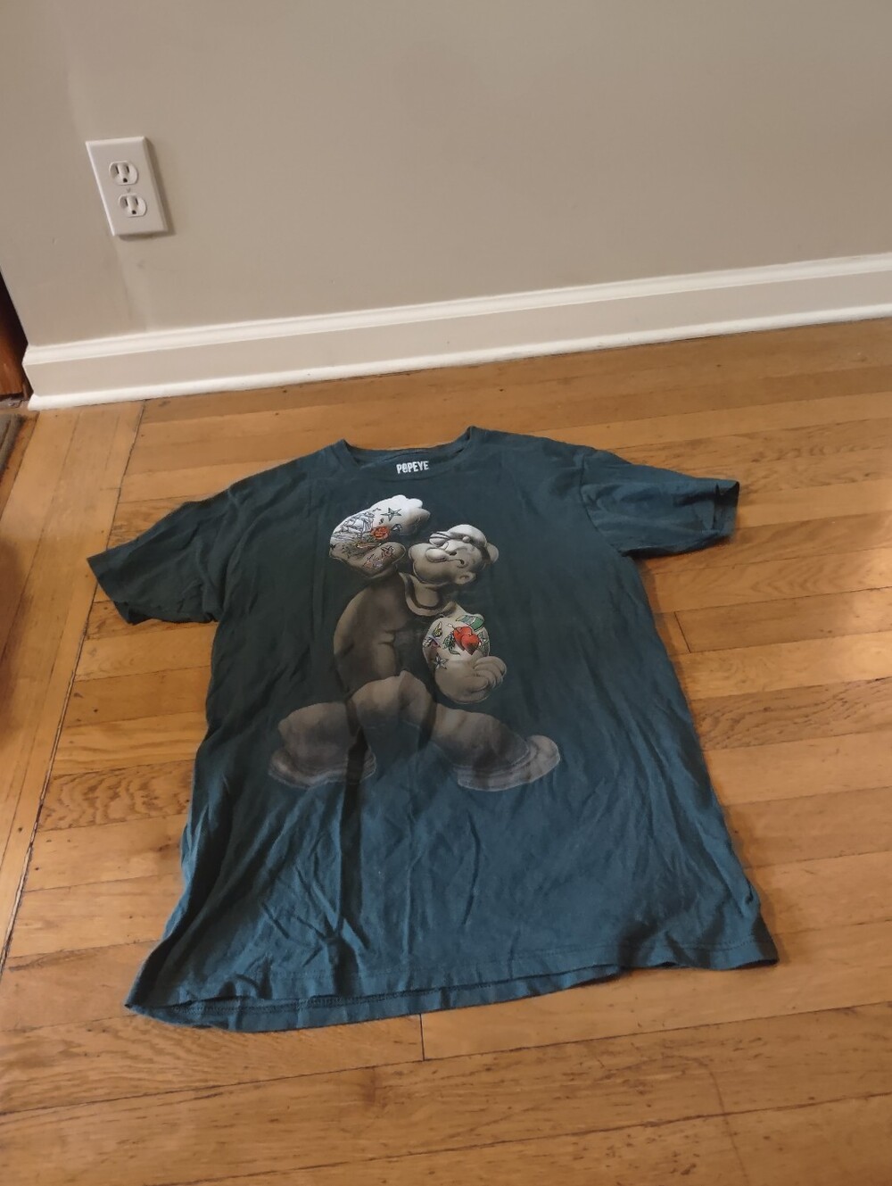 dark blue green realistic popeye with tattoos cotton t shirt size medium
